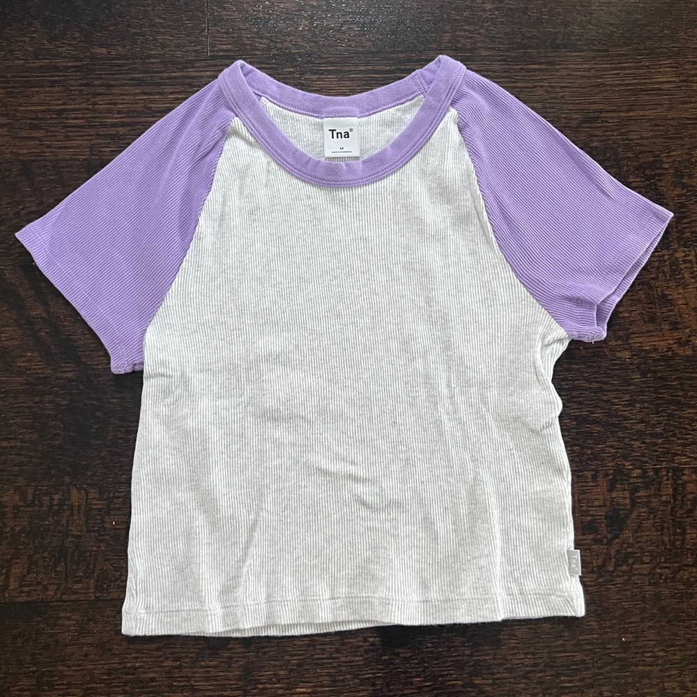 Aritzia - TNA Cropped Grey T-Shirt with Purple Sleeves